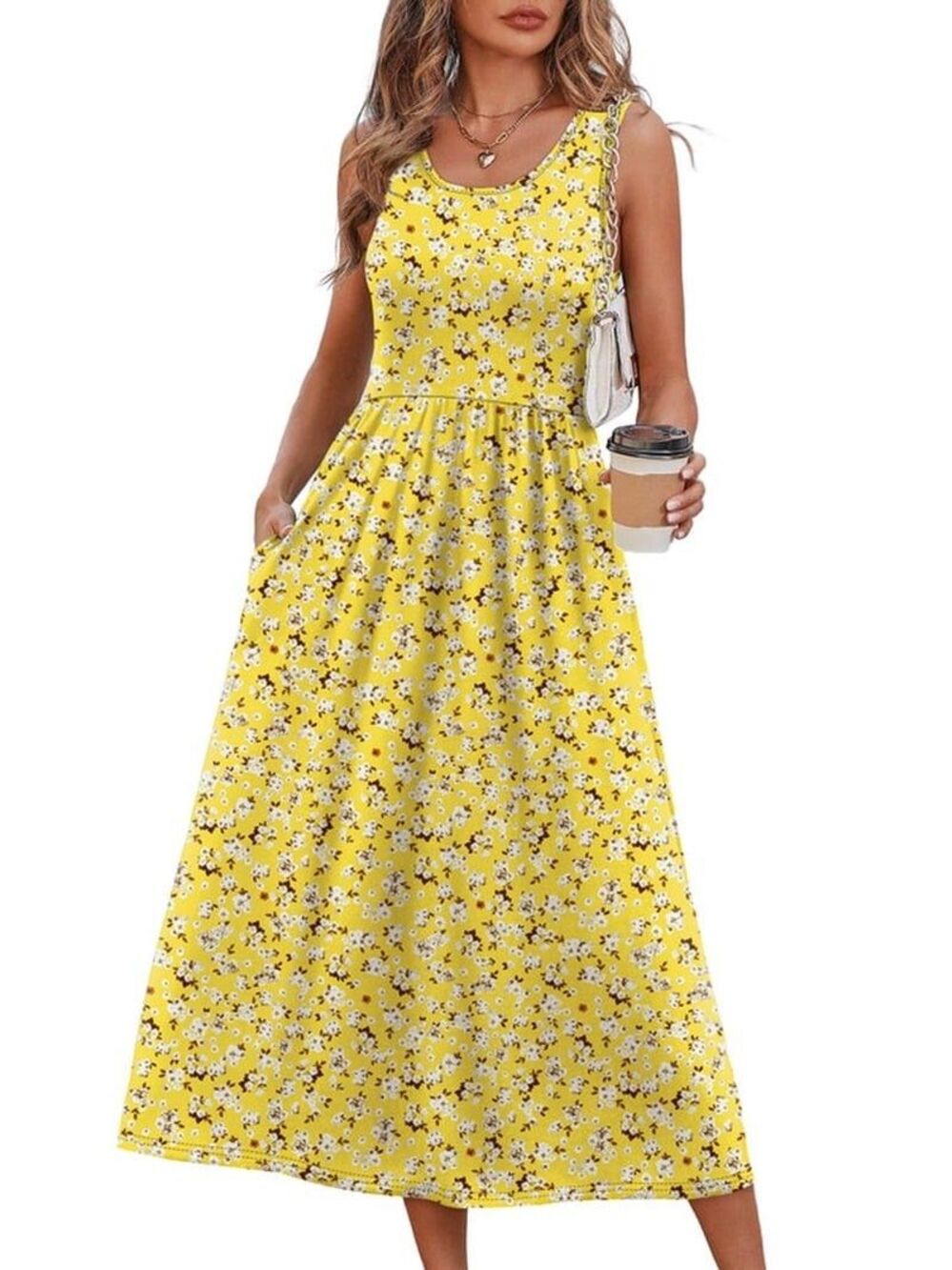 Wiholl Yellow Floral Maxi Dress Pockets Sleeveless Maxi Women's Size M